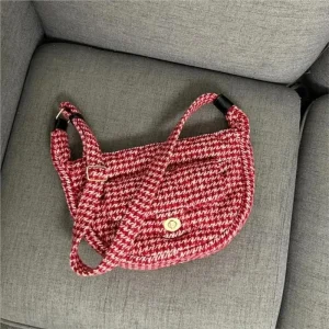 Korean Vintage Red Houndstooth Tote Bag Women Metal Lock Large Capacity Shoulder Bag Ladies Daily Casual Versatile Crossbody Bag