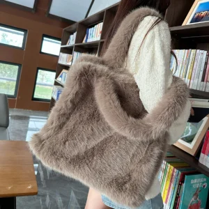 Large Capacity Commuter Ladies Faux Fur Shoulder Bag Winter Fashion Women Tote Handbags Soft Plush Female Crossbody Bags